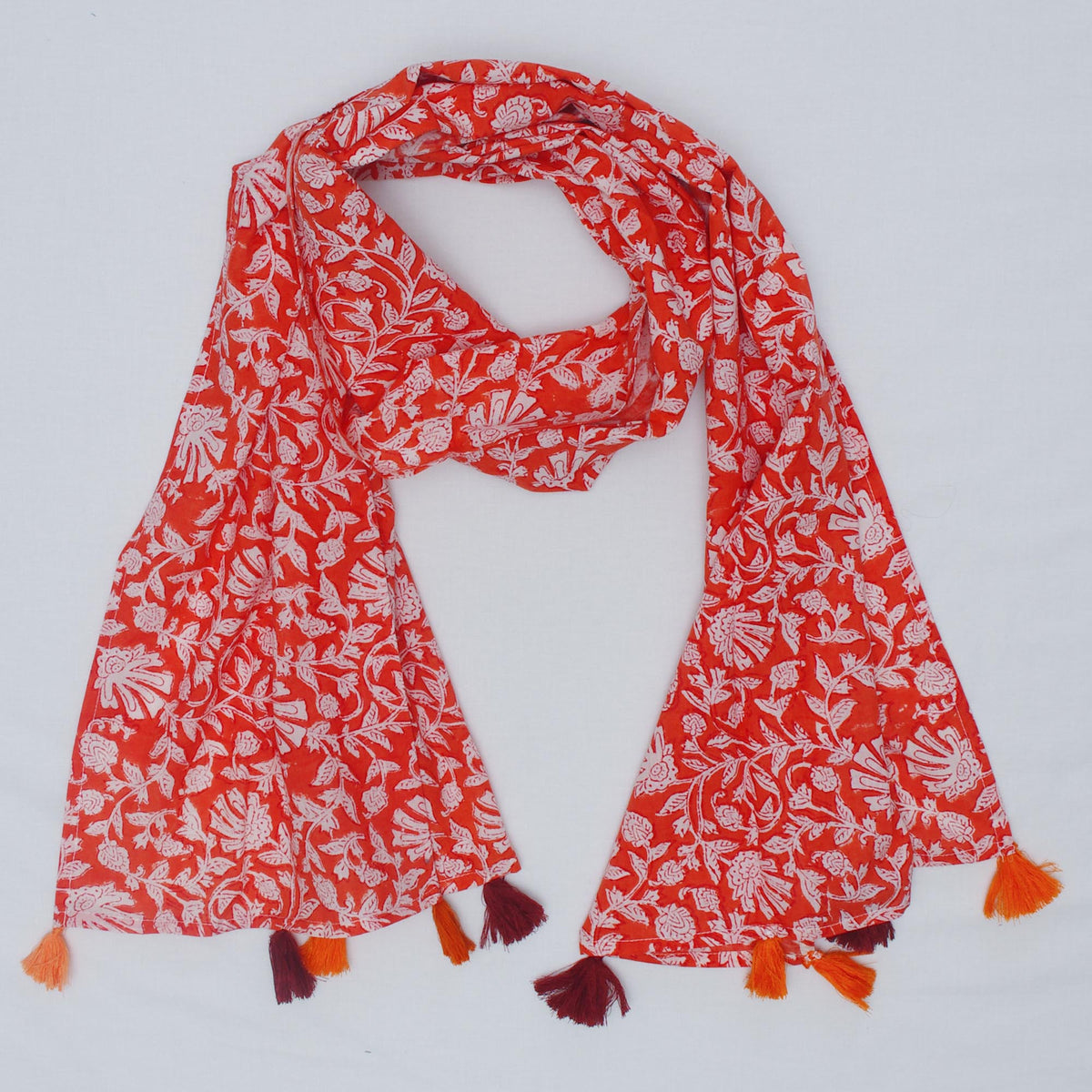 Cotton Scarf In Red Orange Base Floral With Tussle