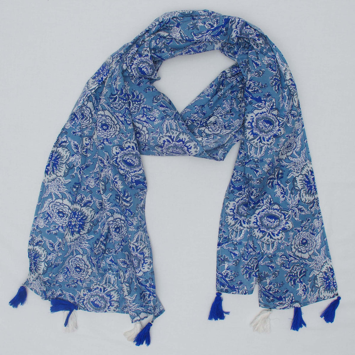 Cotton Scarf In Grey Blue Floral With Tussle