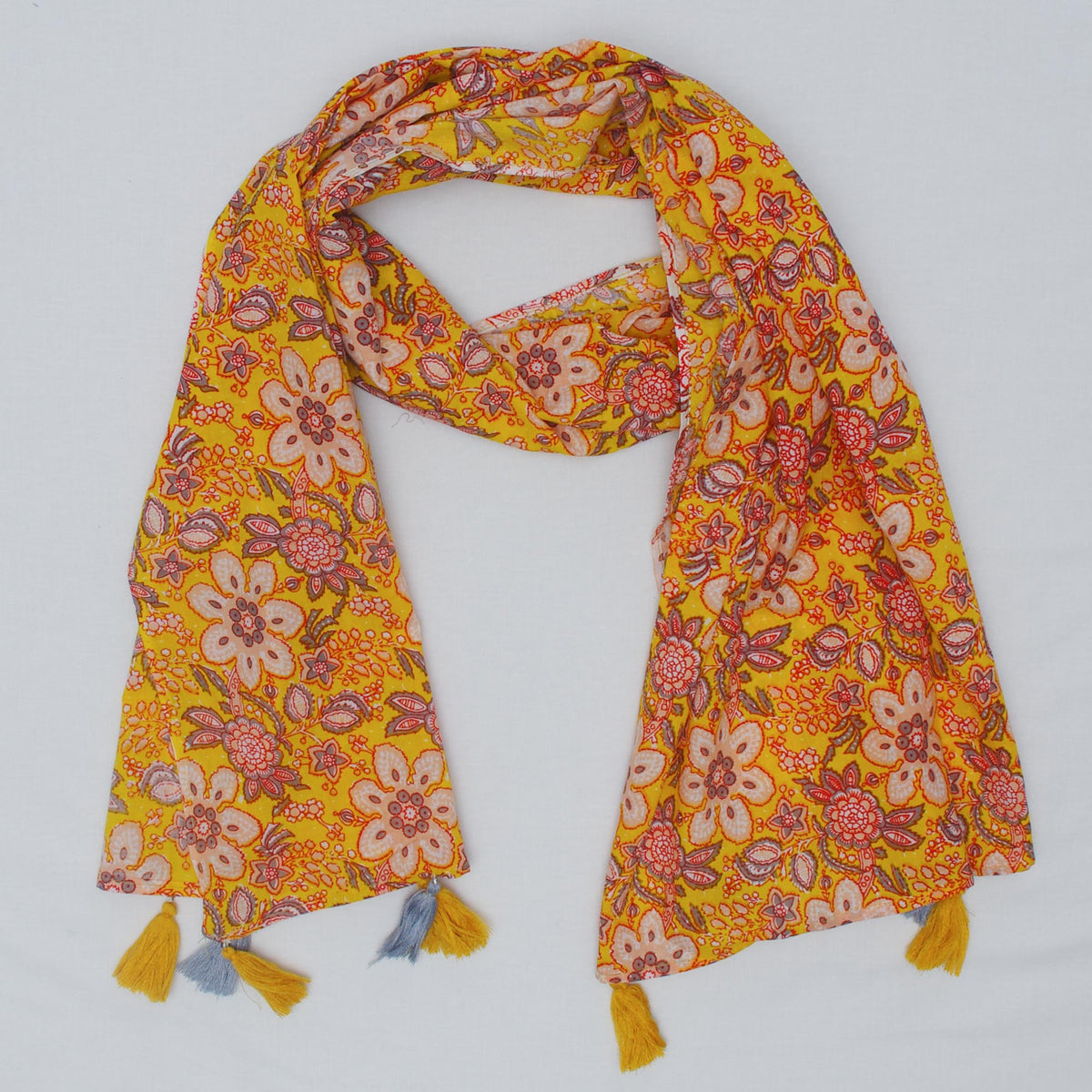 Cotton Scarf In Yellow Floral With Tussle