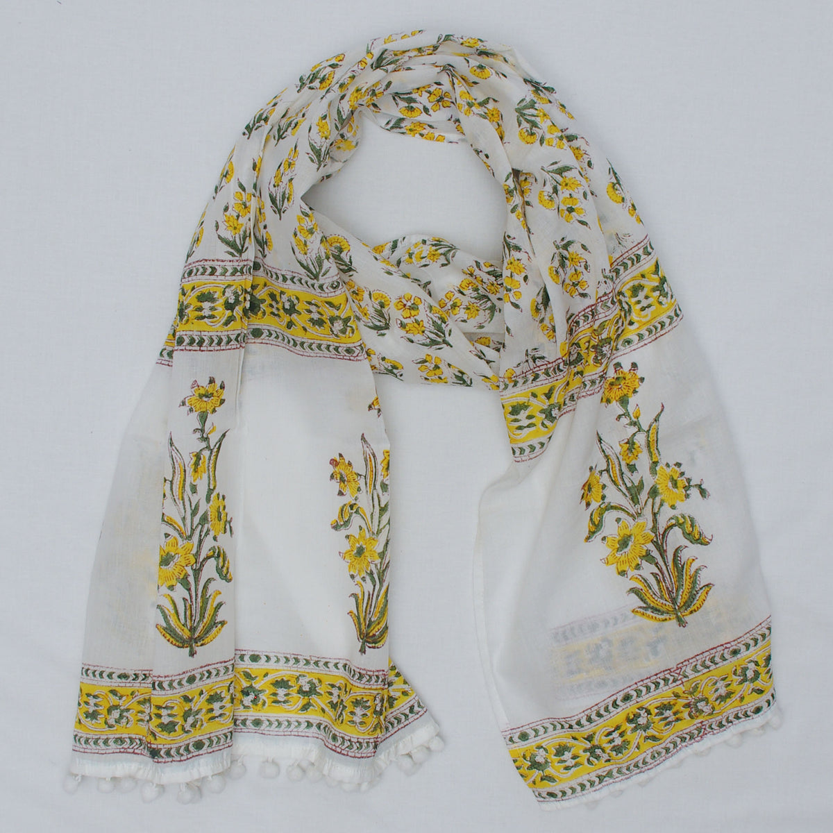 Cotton Scarf In White Yellow Floral With Pompom