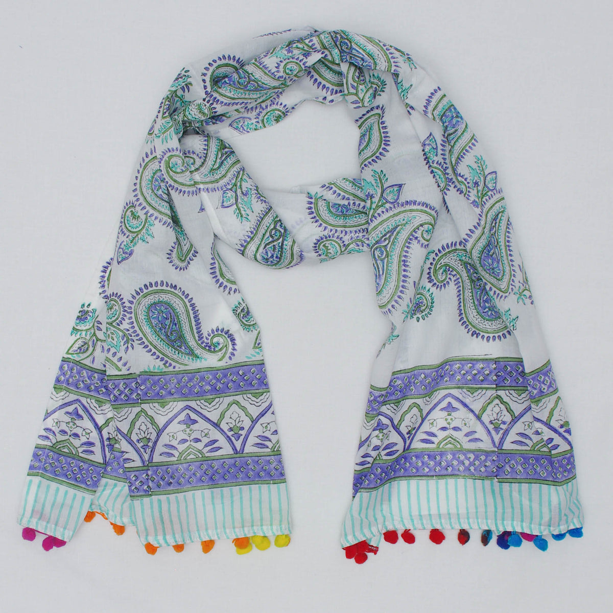 Cotton Scarf In White Purple Paisley With Pompom
