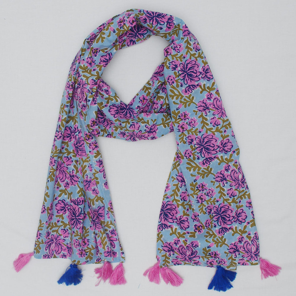 Cotton Scarf In Pastel Blue Purple Floral With Tussle