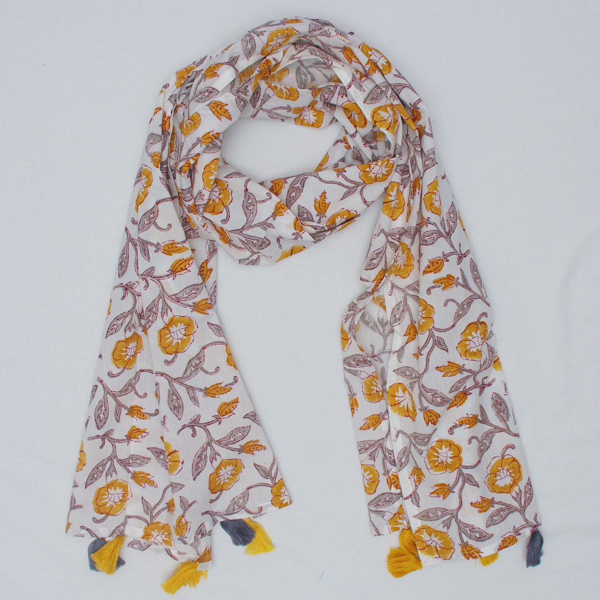 Cotton Scarf In White Yellow Floral With Tussle