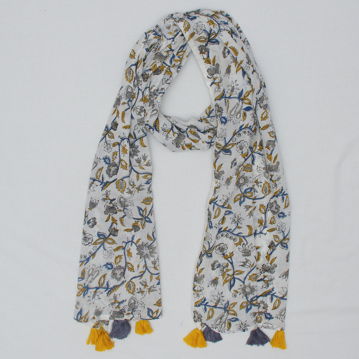 Cotton Scarf White Floral With Tussle