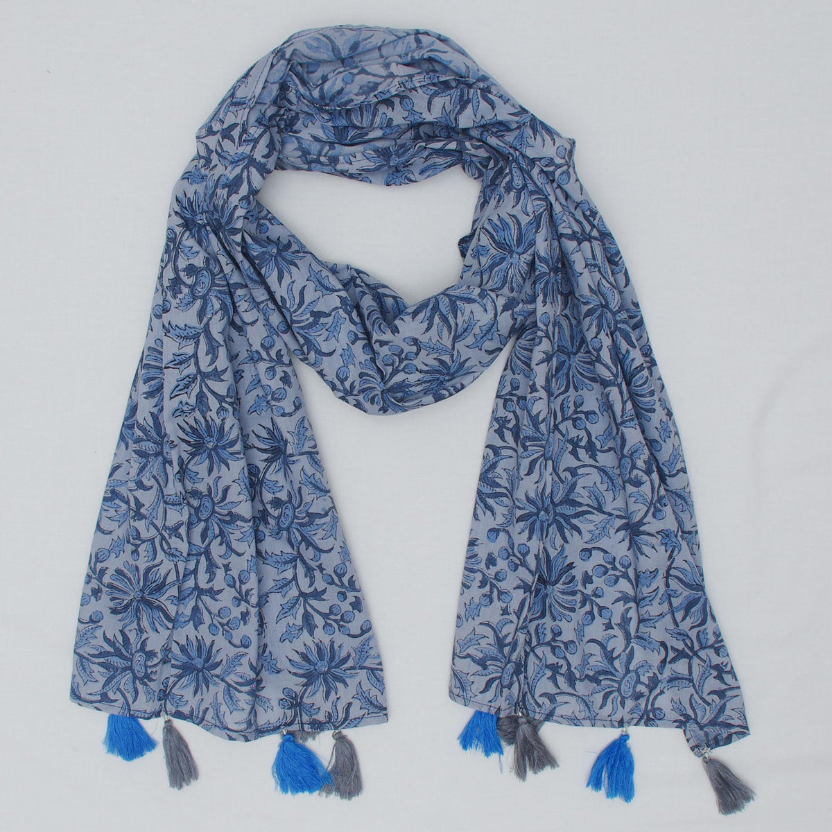 Cotton Scarf In Grey Blue Floral With Tussle
