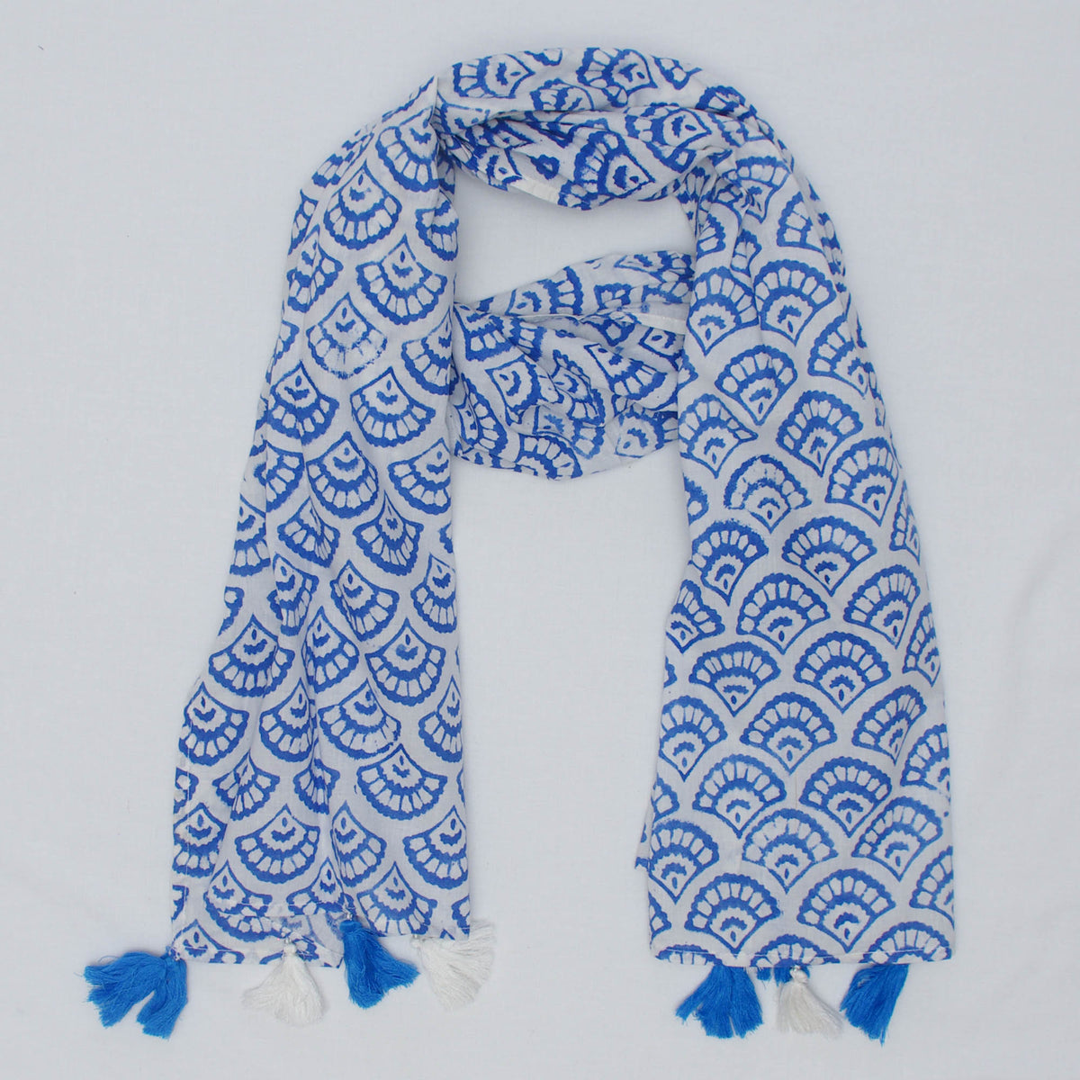 Cotton Scarf In Blue White Fish Scales With Tussle