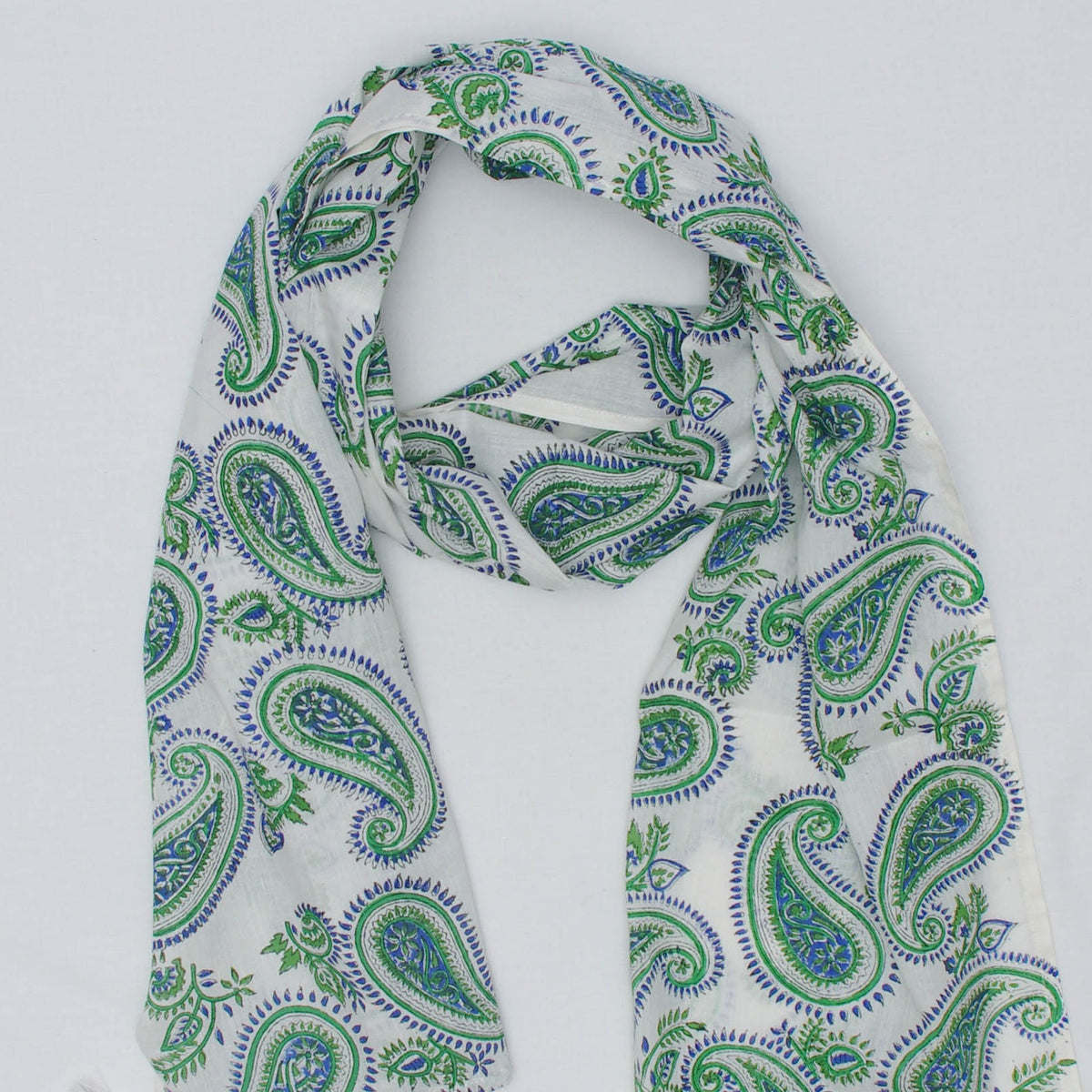Cotton Scarf In White Green Blue Paisley With Tussle