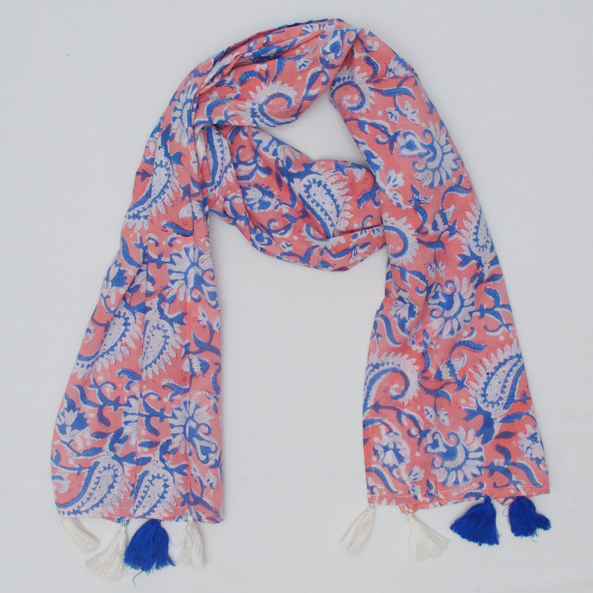 Cotton Scarf In Light Coral Pink Floral With Tussle