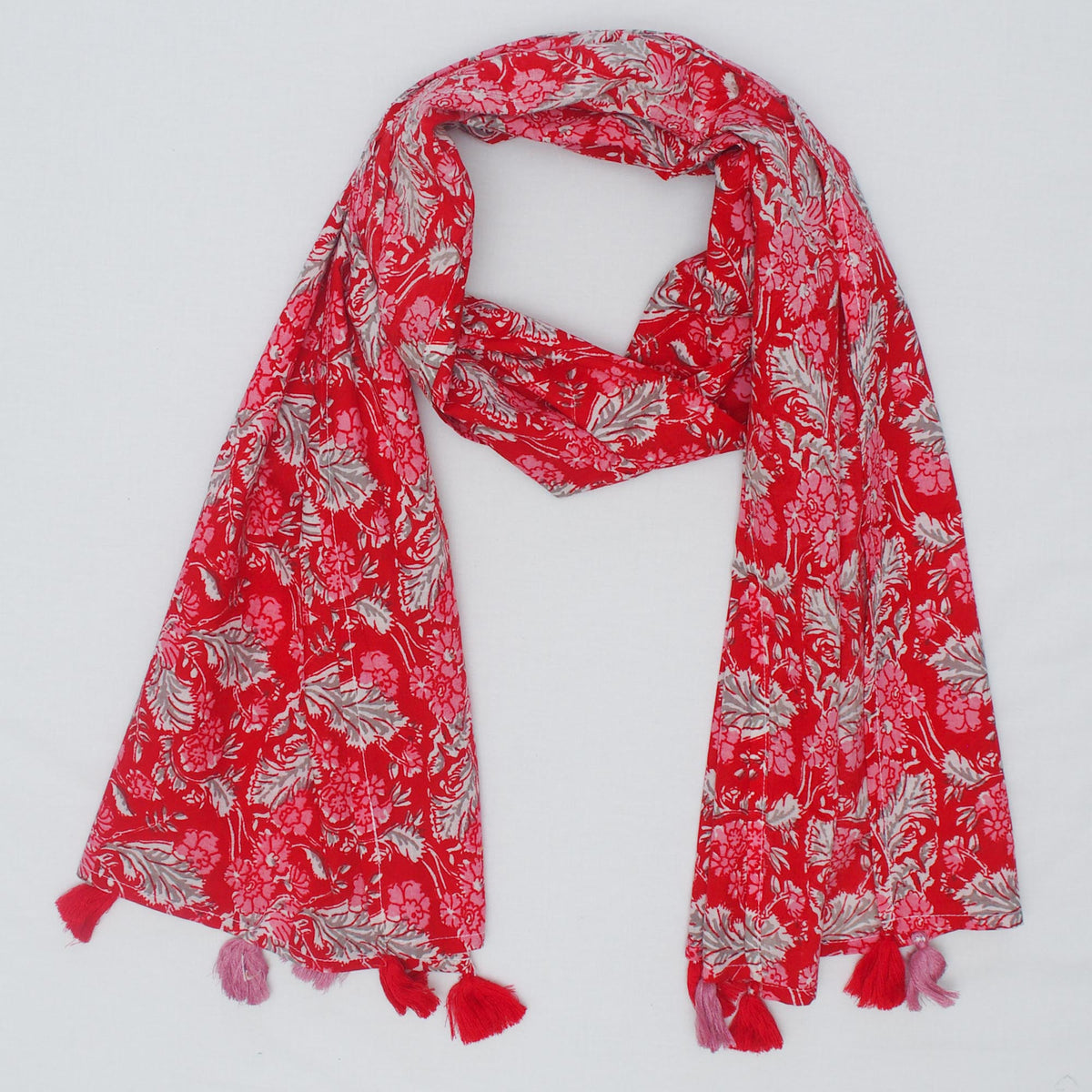 Cotton Scarf In Red Floral With Tussle