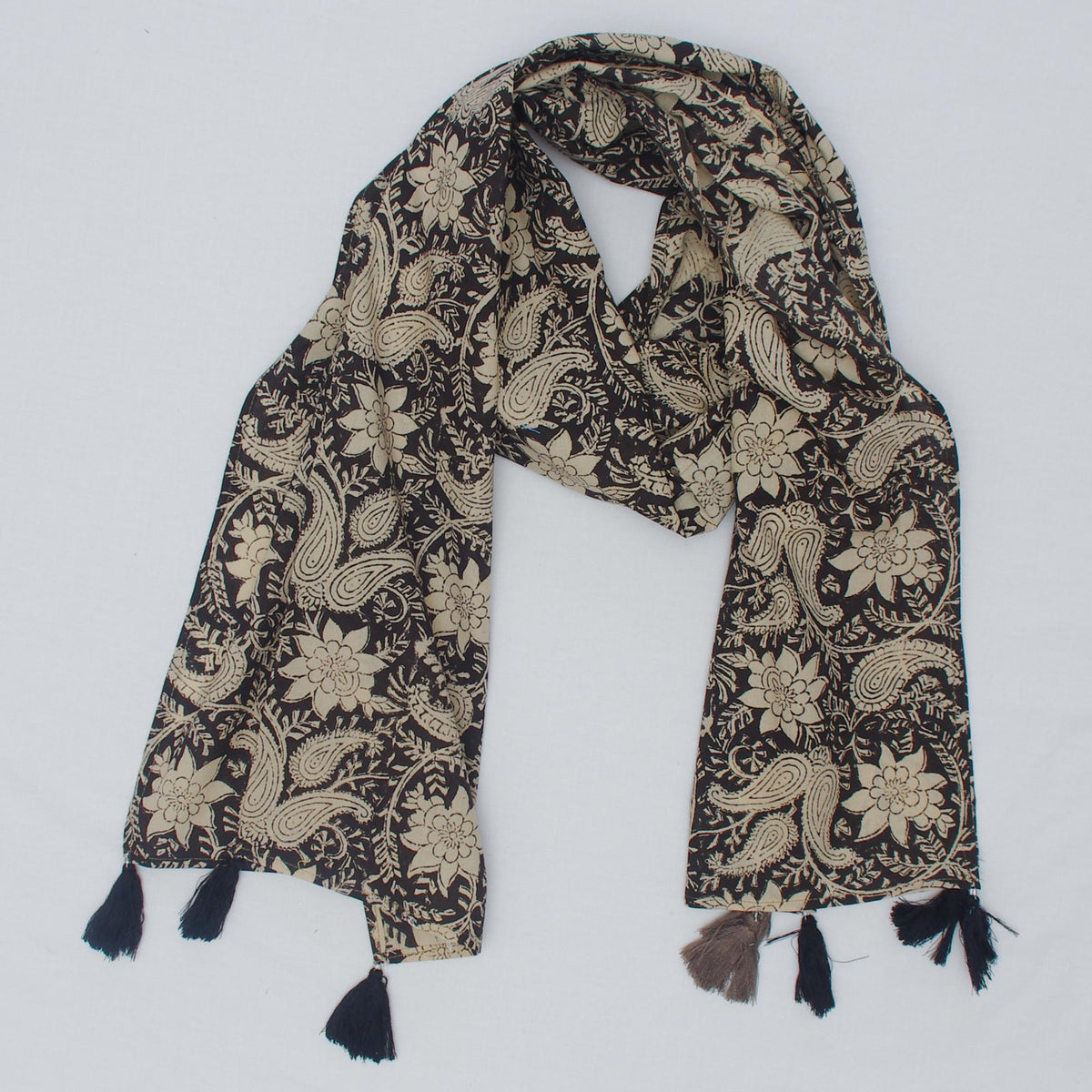 Cotton Scarf In Black Olive Grey Paisley With Tussle