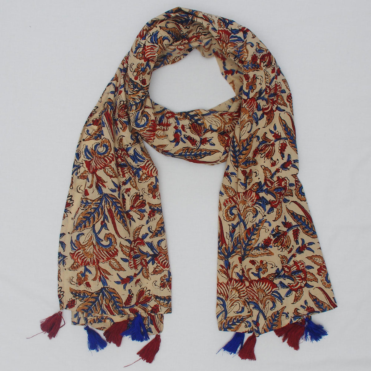 Cotton Scarf In Brown Floral With Tussle