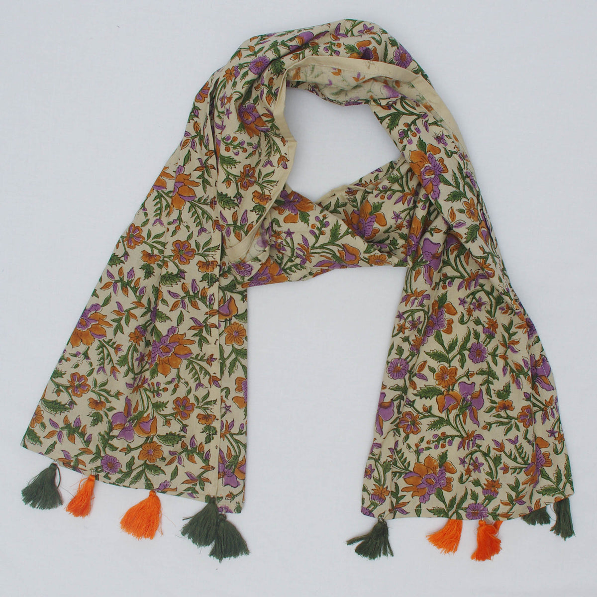 Cotton Scarf In Brown Orange Floral With Tussle