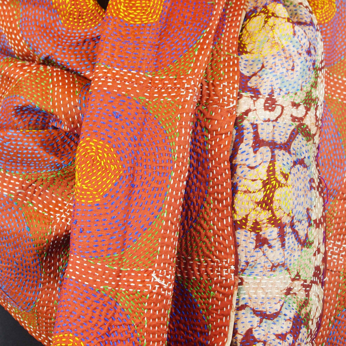 Silk Fine Kantha Stitch Reversible Scarf - Round Mosaic