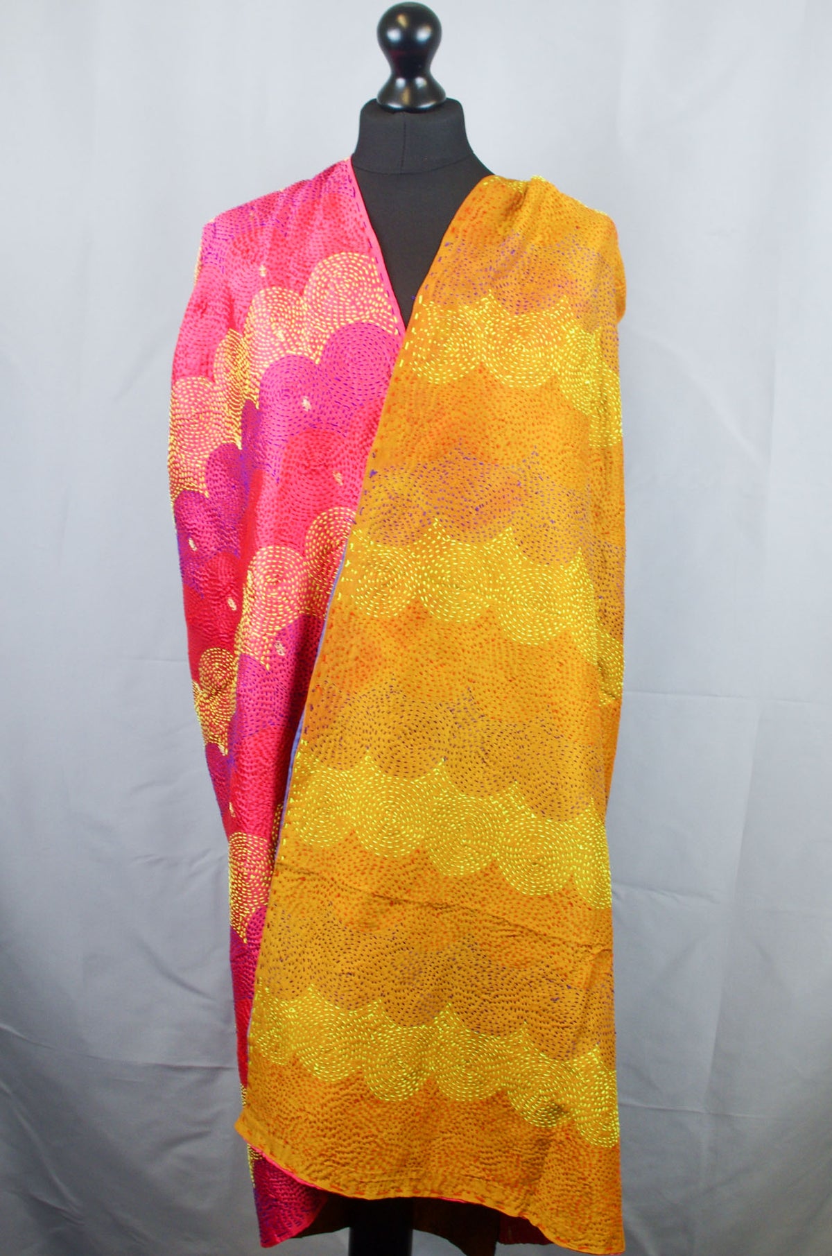 Silk Fine Kantha Stitch Reversible Shawl - Pink & Yellow Circles