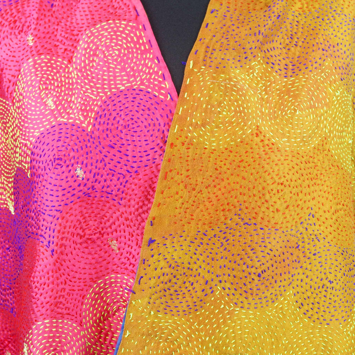 Silk Fine Kantha Stitch Reversible Shawl - Pink & Yellow Circles