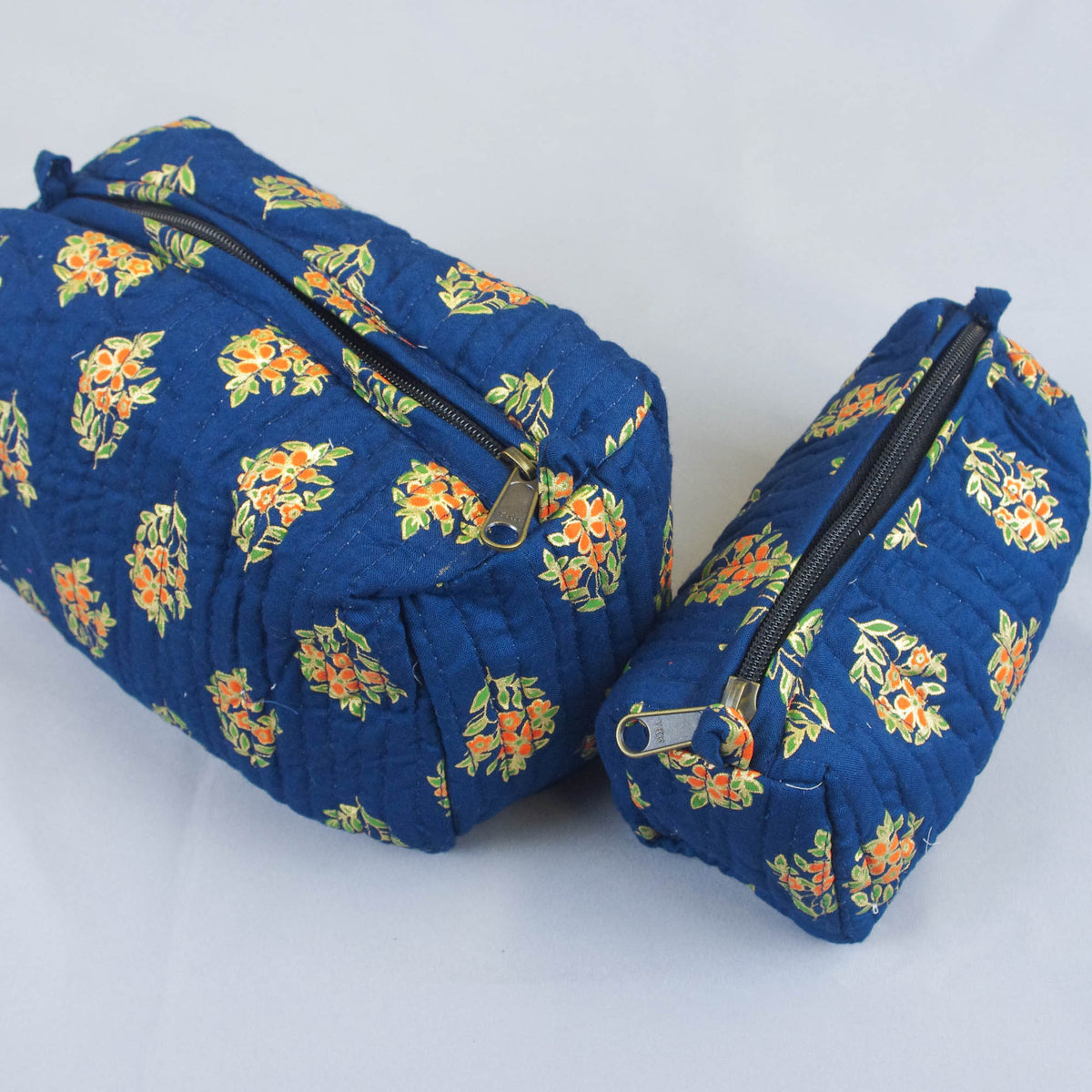 Set of 2 X Block Print Quilted Toiletry Bag - Navy Blue Floral