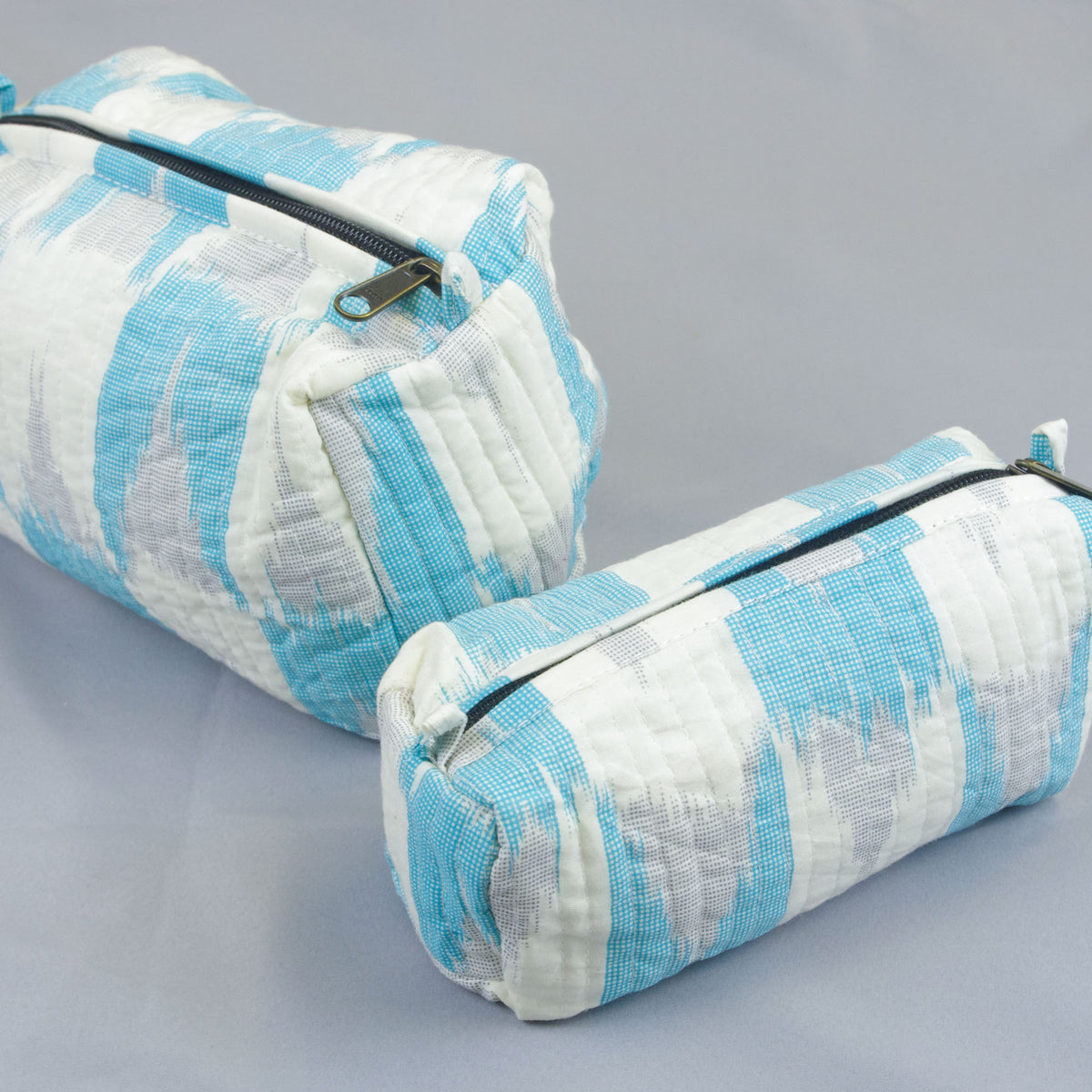 Set of 2 X Block Print Quilted Toiletry Bag - Blue & White Abstract