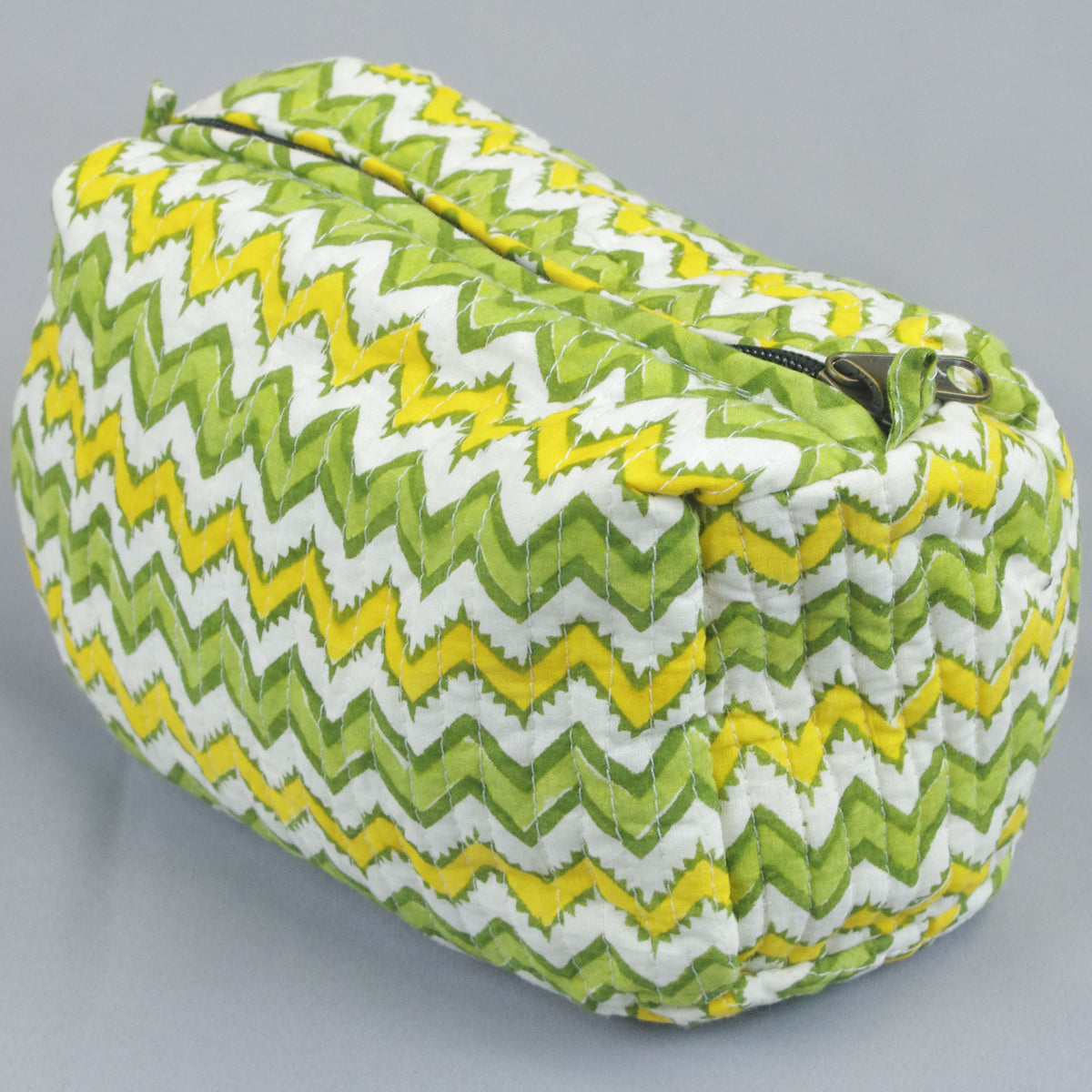 Set of 2 X Block Print Quilted Toiletry Bag - Green & Yellow Chevron Print