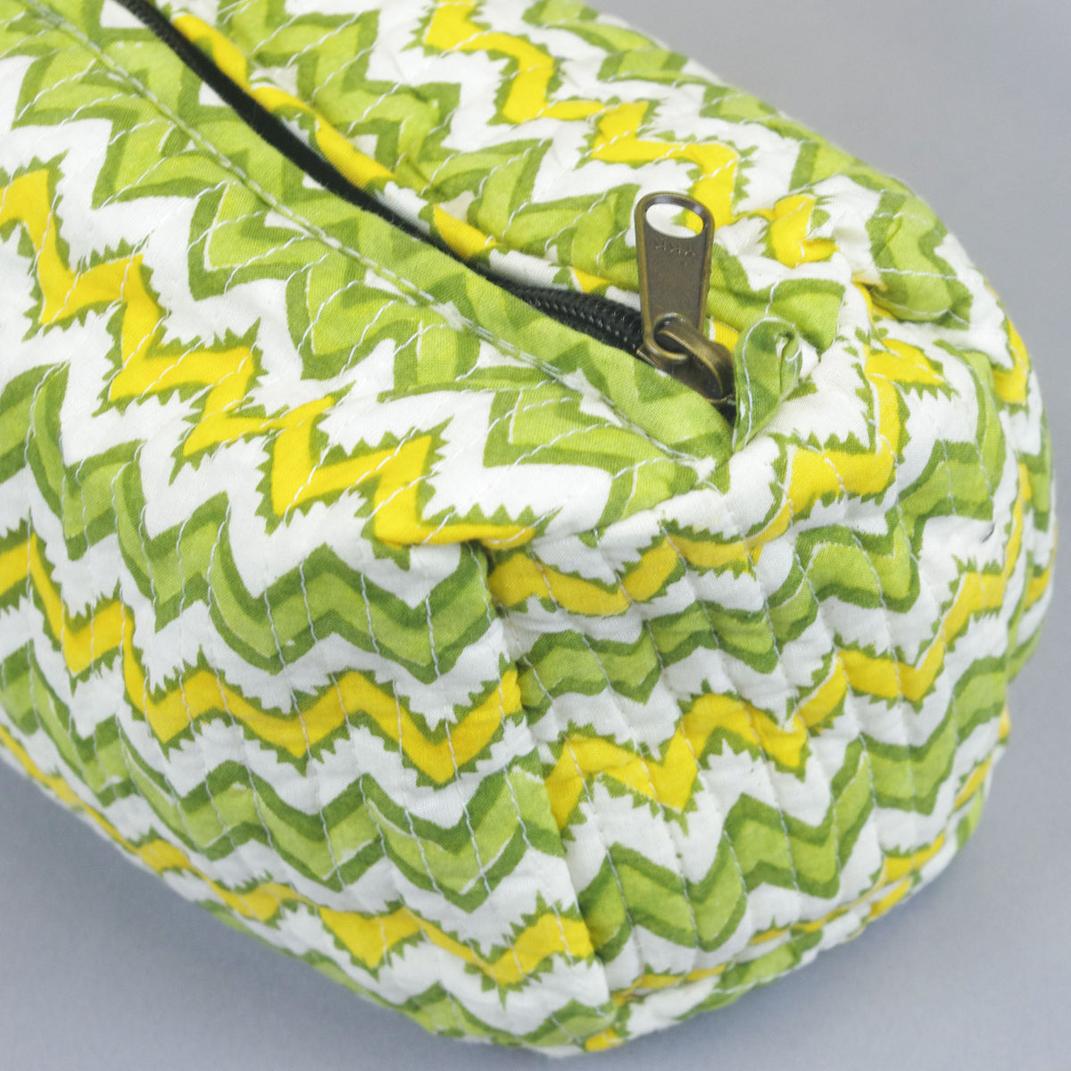 Set of 2 X Block Print Quilted Toiletry Bag - Green & Yellow Chevron Print