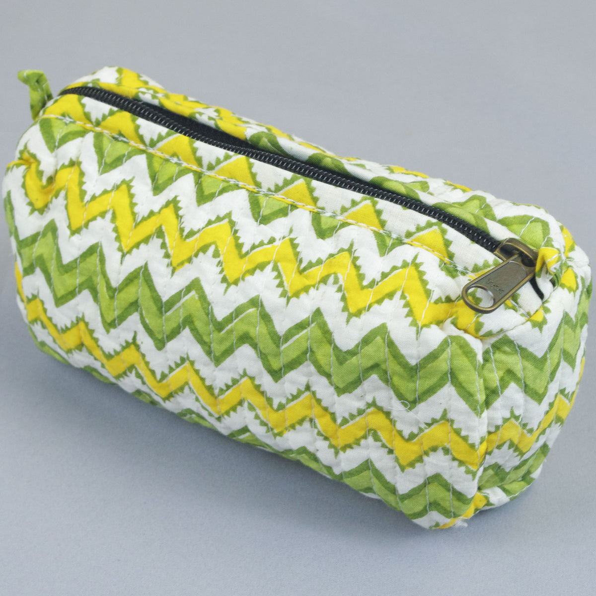 Set of 2 X Block Print Quilted Toiletry Bag - Green & Yellow Chevron Print