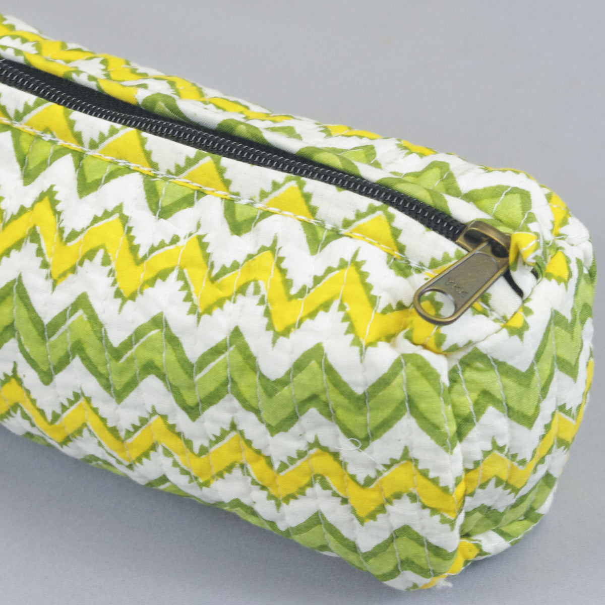 Set of 2 X Block Print Quilted Toiletry Bag - Green & Yellow Chevron Print