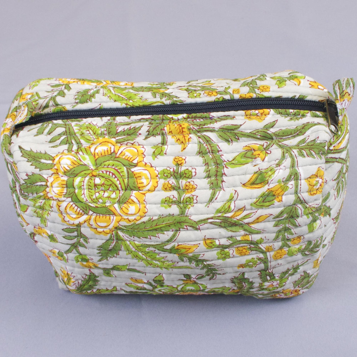 Gesteppte Kulturtasche mit Blockdruck - Grün, Gelb, Blumenmuster