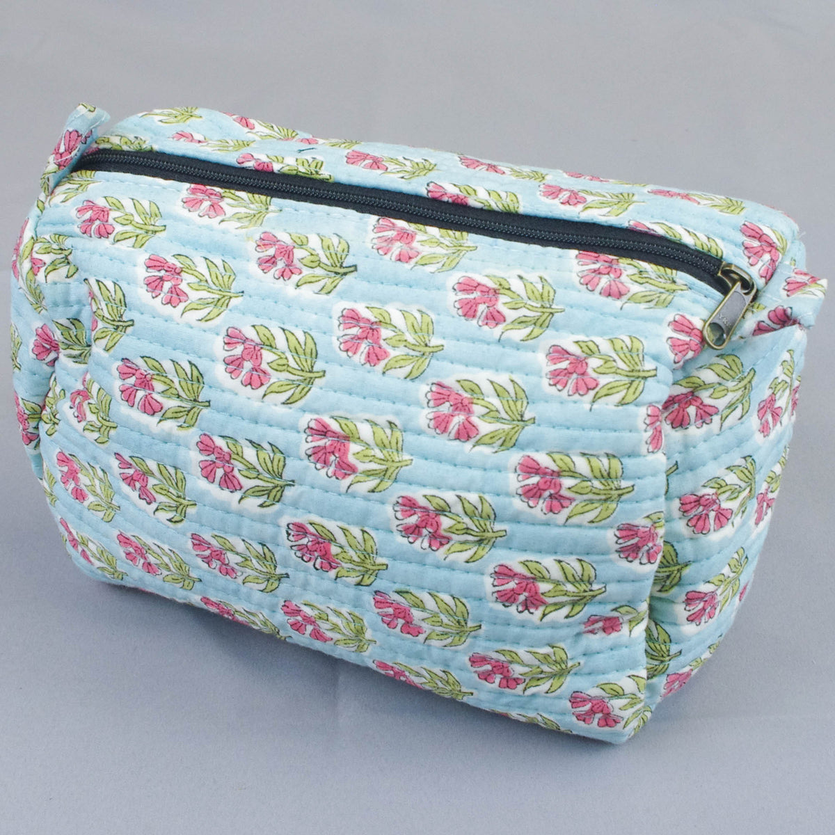 Block Print Quilted Toiletry Bag - Pink Floral On Aqua Blue