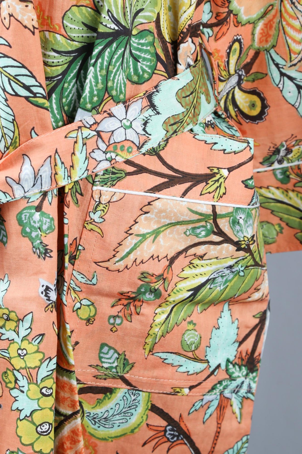 Tropical Forest On Peach Orange Base Cotton Kimono Dressing Gown