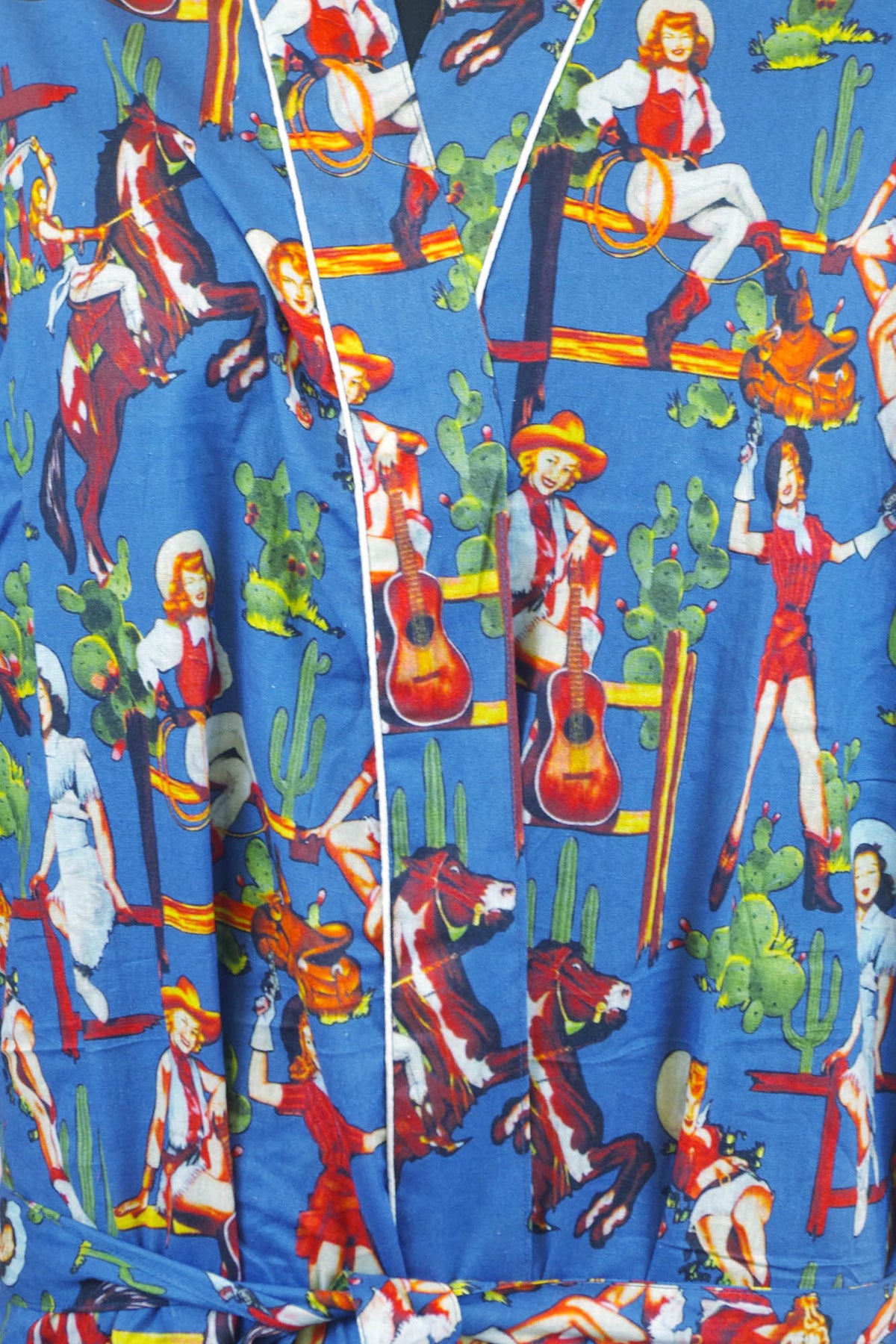 Blauer Kimono-Morgenmantel aus Baumwolle mit digital bedrucktem Pferd