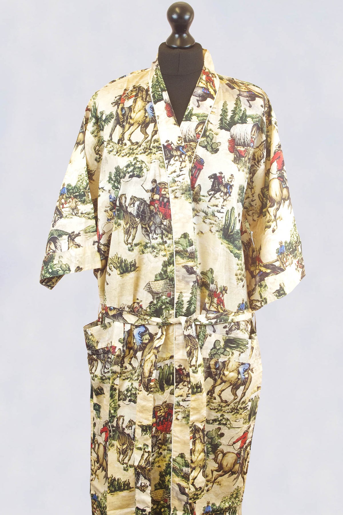 Kimono-Morgenmantel aus Baumwolle mit digitalem Druck auf Antik-Creme-Basis