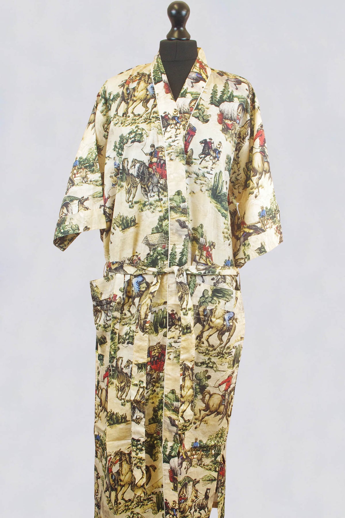 Antique Cream Base Hunting Horse Digital Print Cotton Kimono Dressing Gown