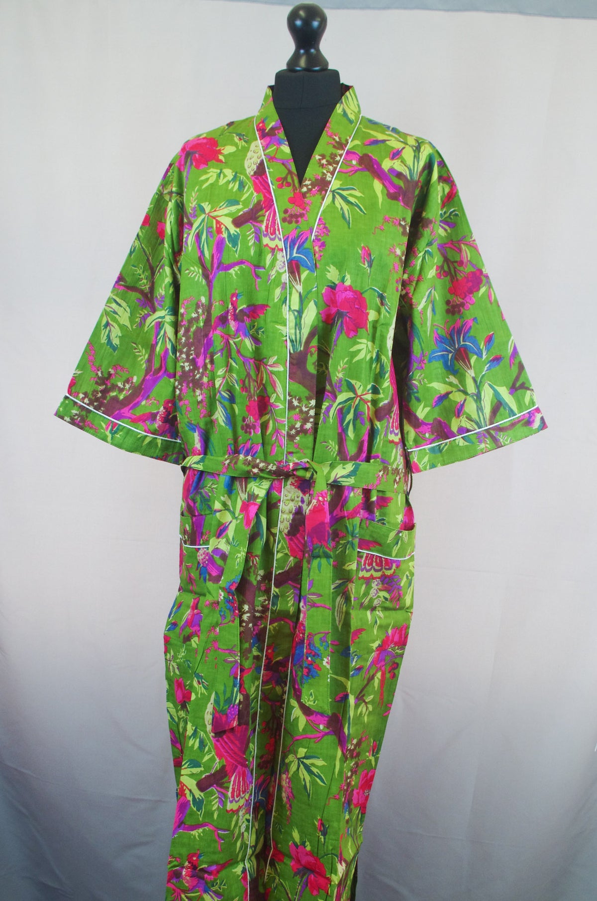 Bird Print On Heena Base Long Cotton Kimono Dressing Gown