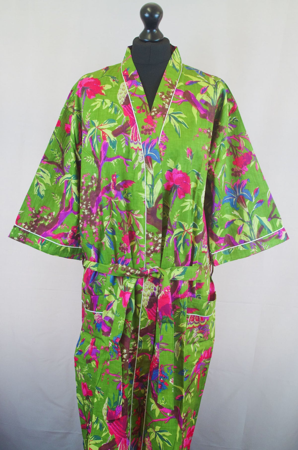 Bird Print On Heena Base Long Cotton Kimono Dressing Gown