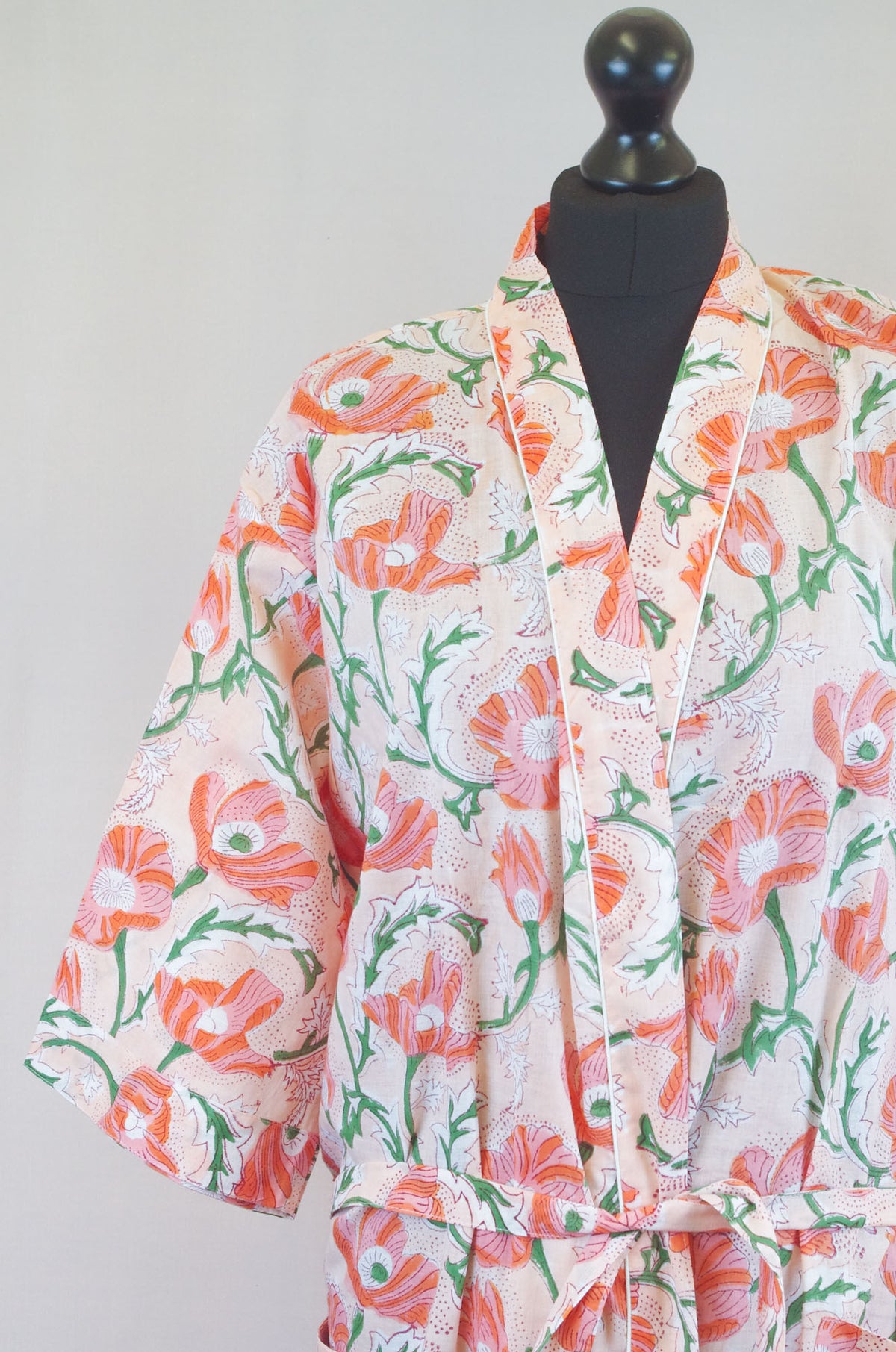 Poppy Flowers Langer Kimono-Morgenmantel aus Baumwolle
