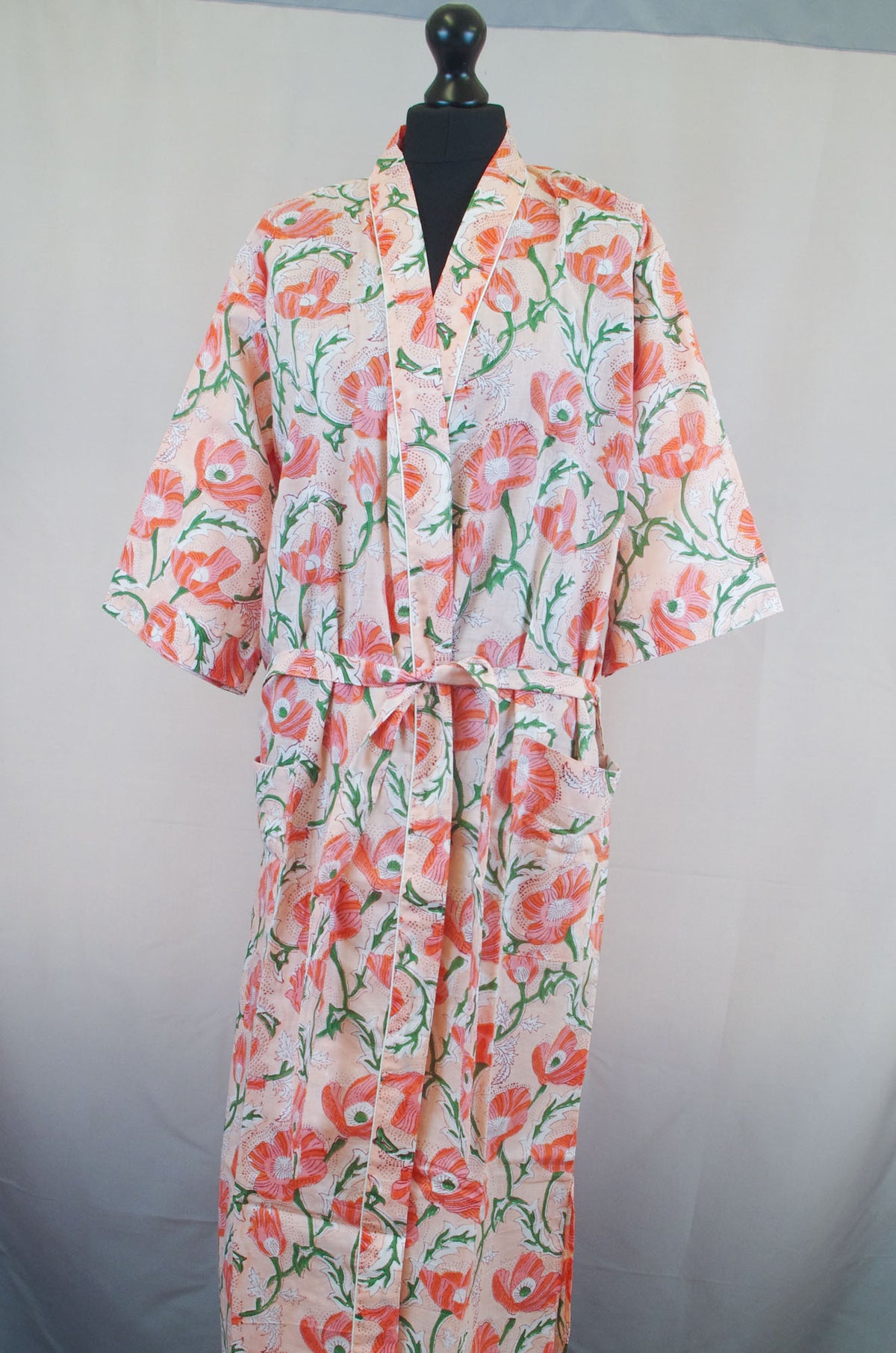 Poppy Flowers Long Cotton Kimono Dressing Gown