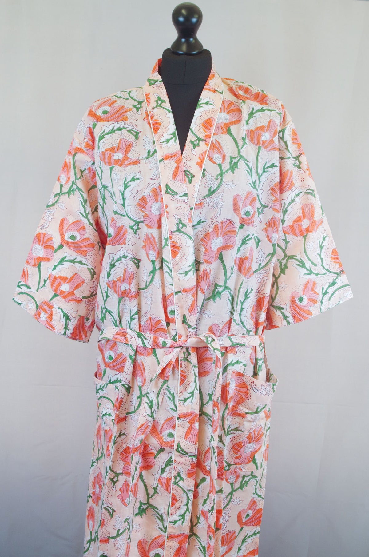 Poppy Flowers Long Cotton Kimono Dressing Gown