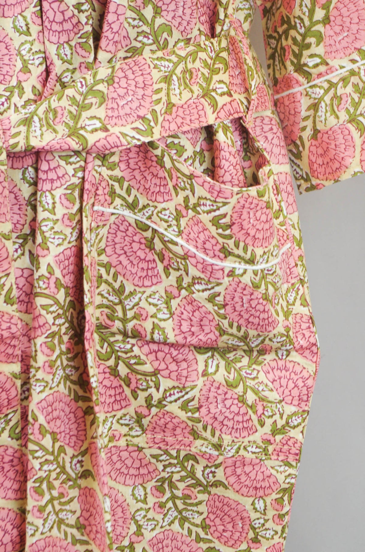 Coral Pink Floral On Beige Base Cotton Kimono Dressing Gown
