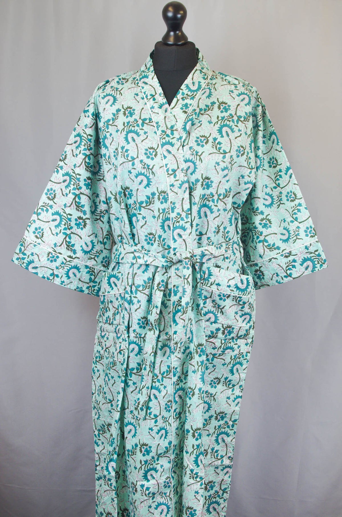 Light Teal Floral Cotton Kimono Dressing Gown