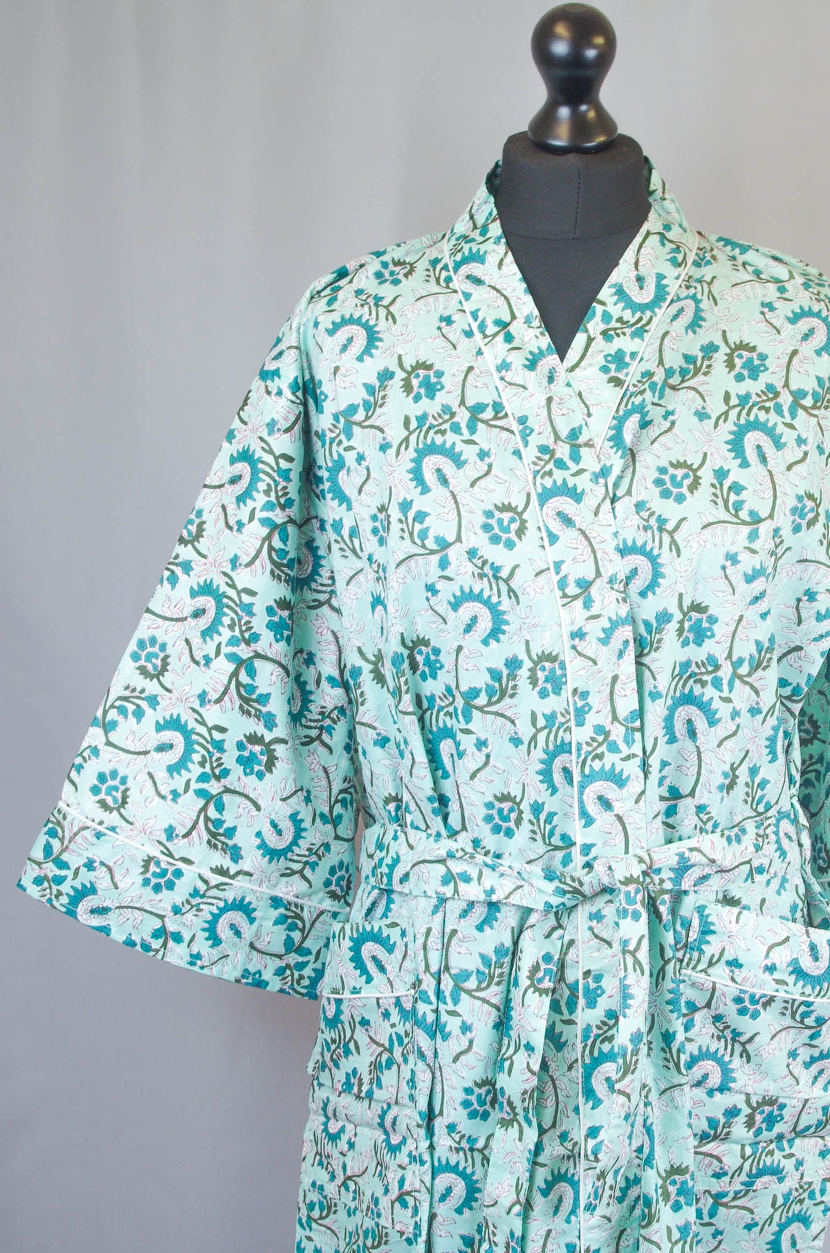 Light Teal Floral Cotton Kimono Dressing Gown