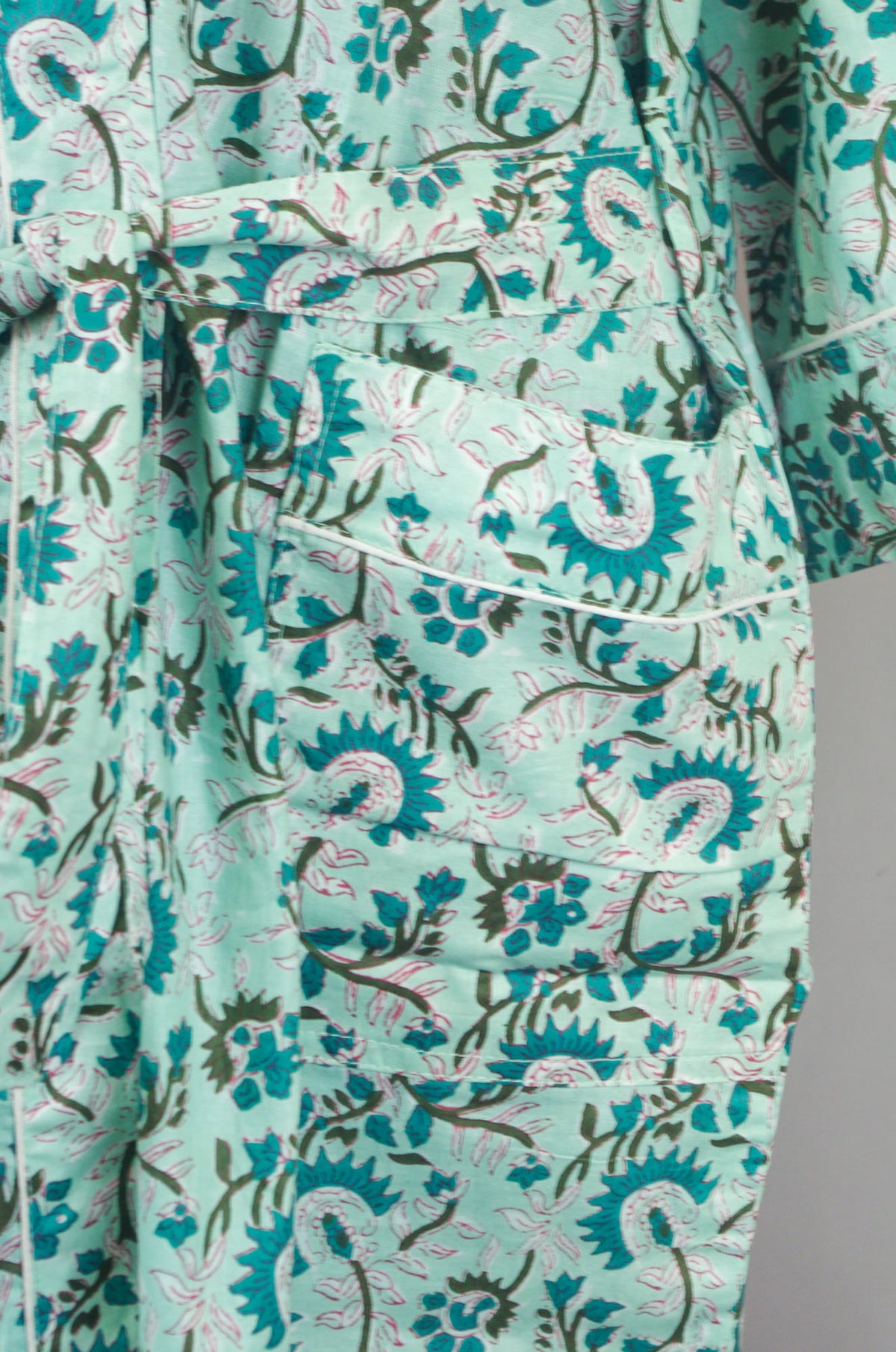 Light Teal Floral Cotton Kimono Dressing Gown