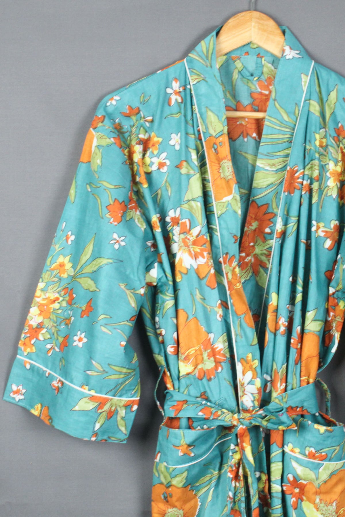 Blaugrüner Kimono-Morgenmantel Passion aus Baumwolle