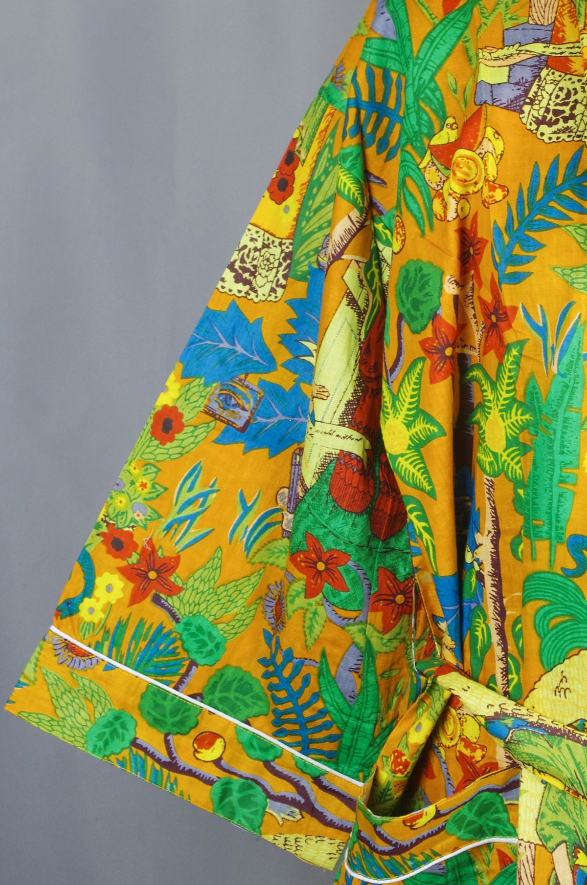 Senfgelber Frida Kahlo Kimono-Bademantel aus Baumwolle