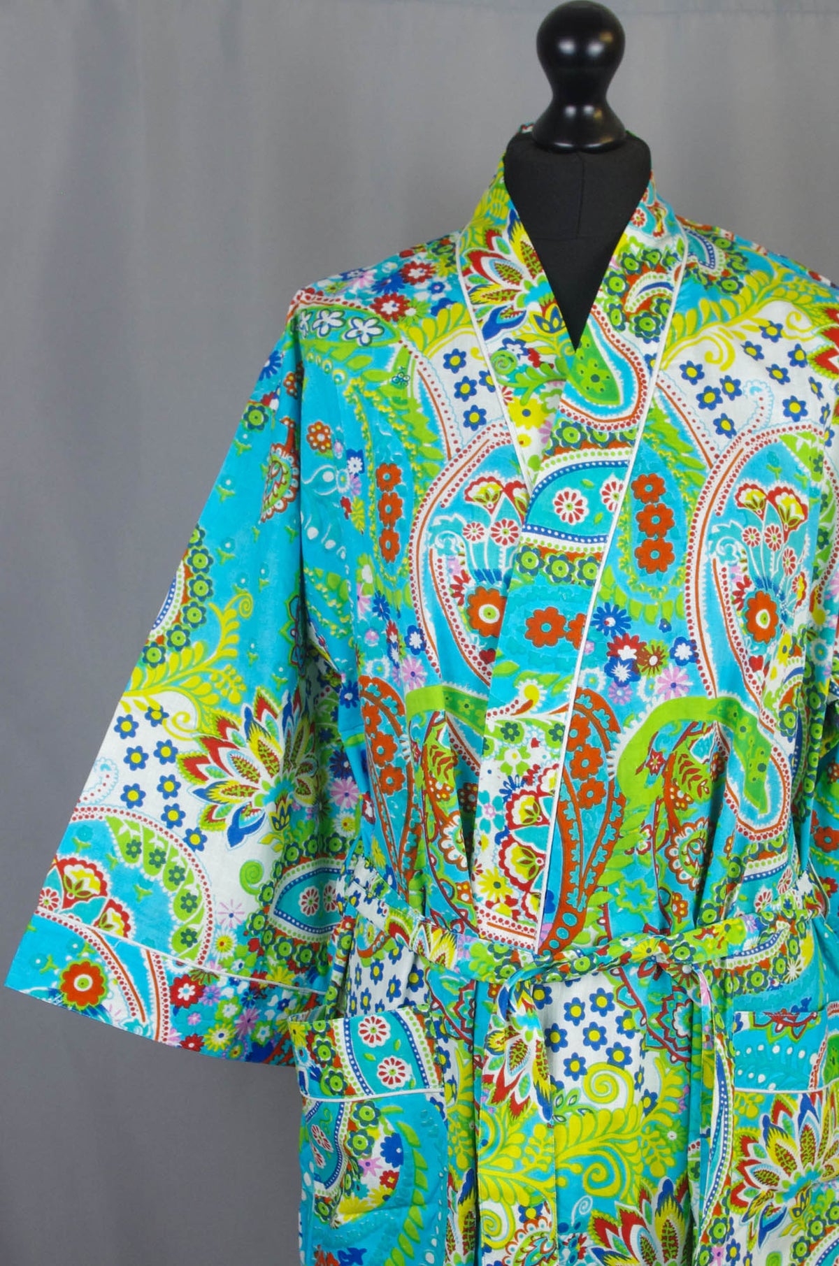 Blauer Kimono-Morgenmantel aus Baumwolle mit Paisley-Muster