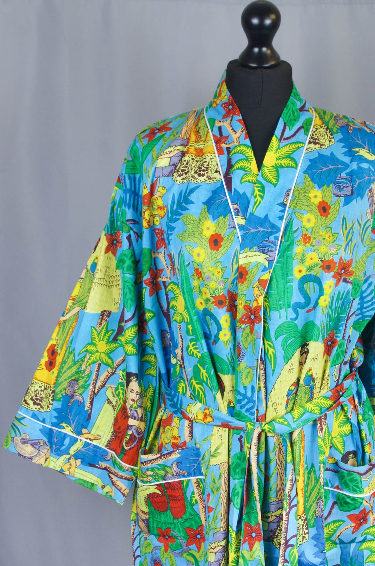 Blauer Kimono-Morgenmantel aus Baumwolle von Frida Kahlo