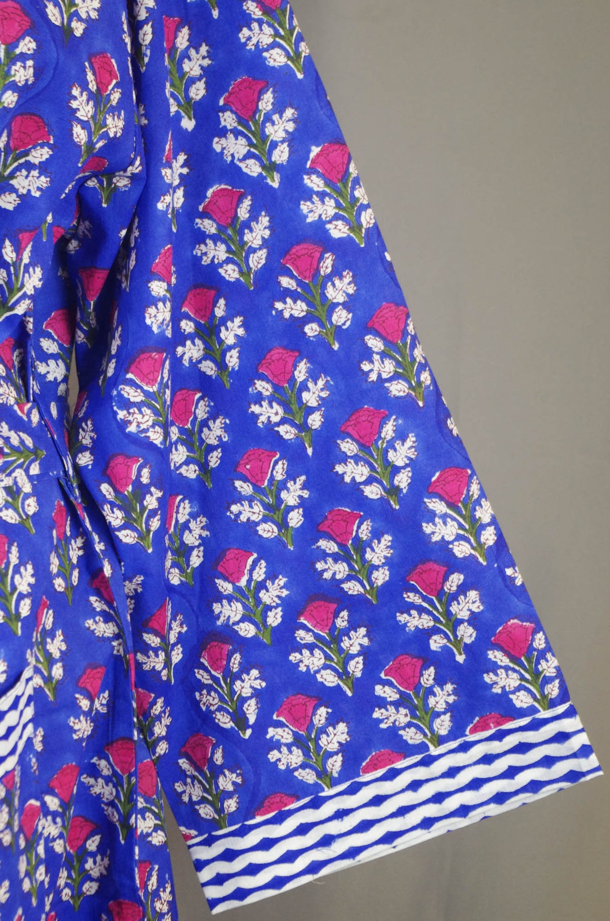 Dark Blue With Red Floral Motifs Cotton Kimono Dressing Gown