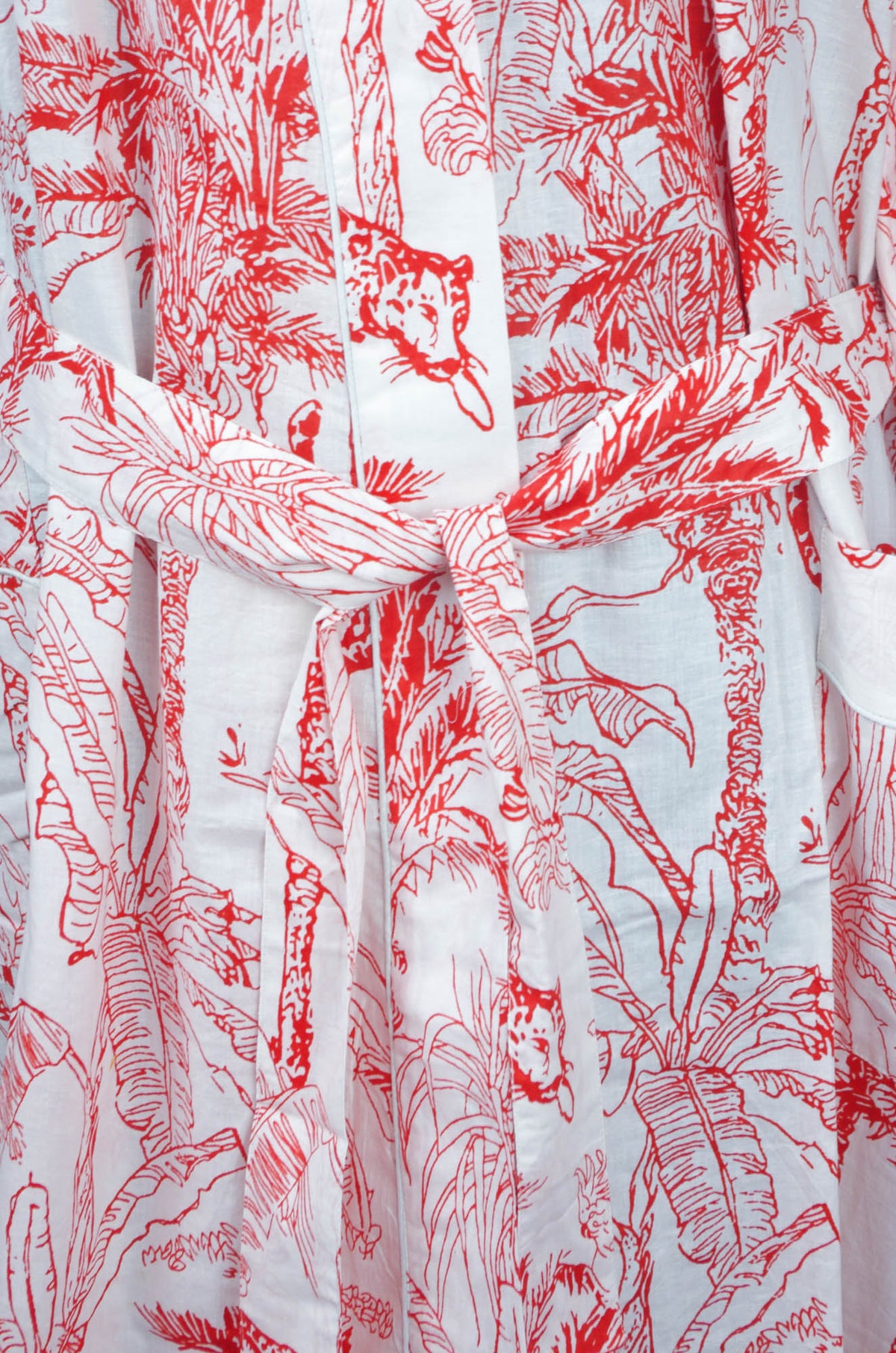 Red & White Jungle Print Long Cotton Kimono Dressing Gown