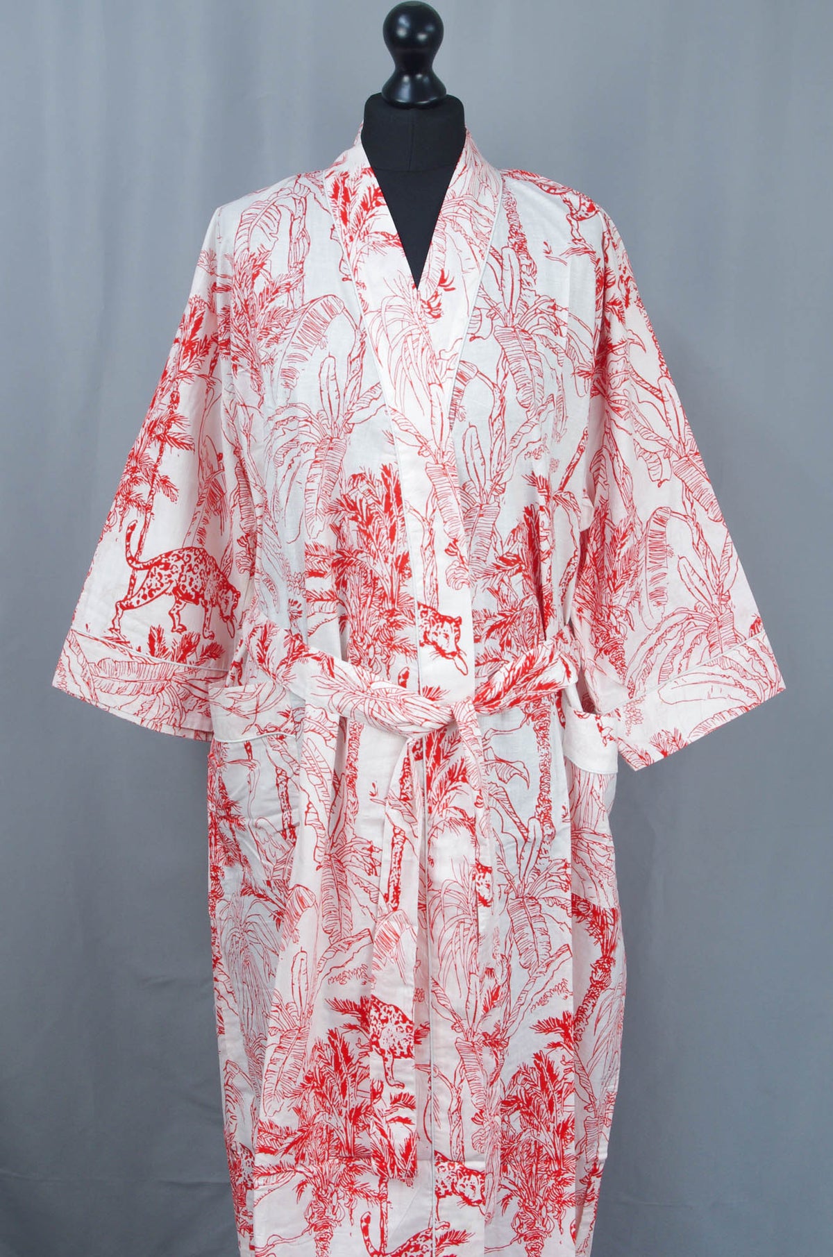 Rot-weißer Kimono-Morgenmantel aus Baumwolle mit Dschungel-Print