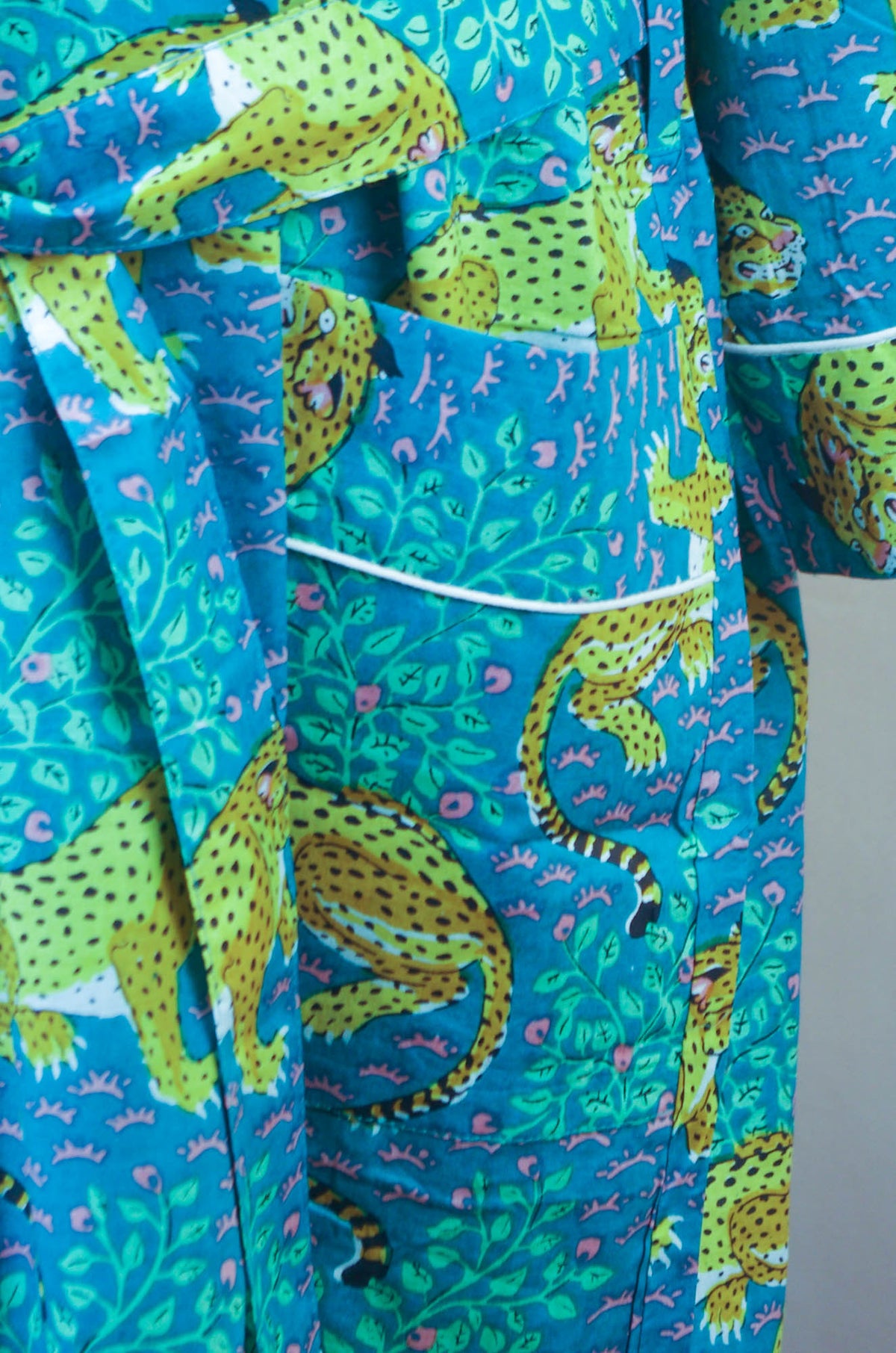 Teal Tiger Print Long Cotton Kimono Dressing Gown