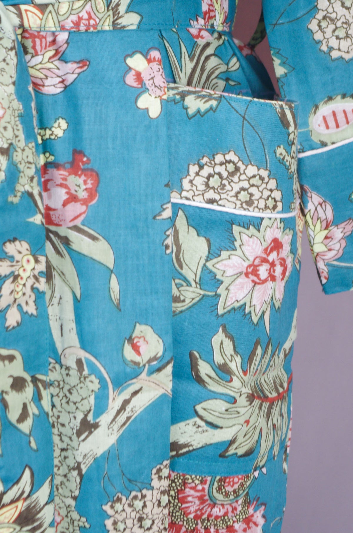 Teal Wild Flowers Long Cotton Kimono Dressing Gown