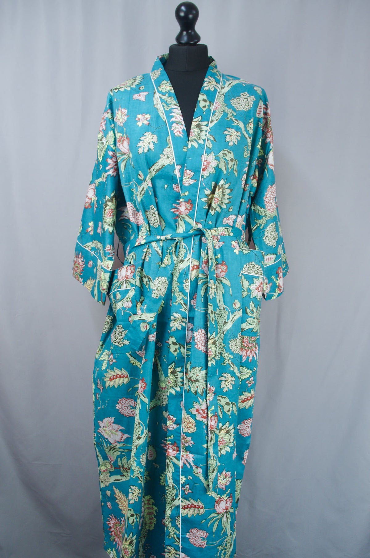 Teal Wild Flowers Long Cotton Kimono Dressing Gown